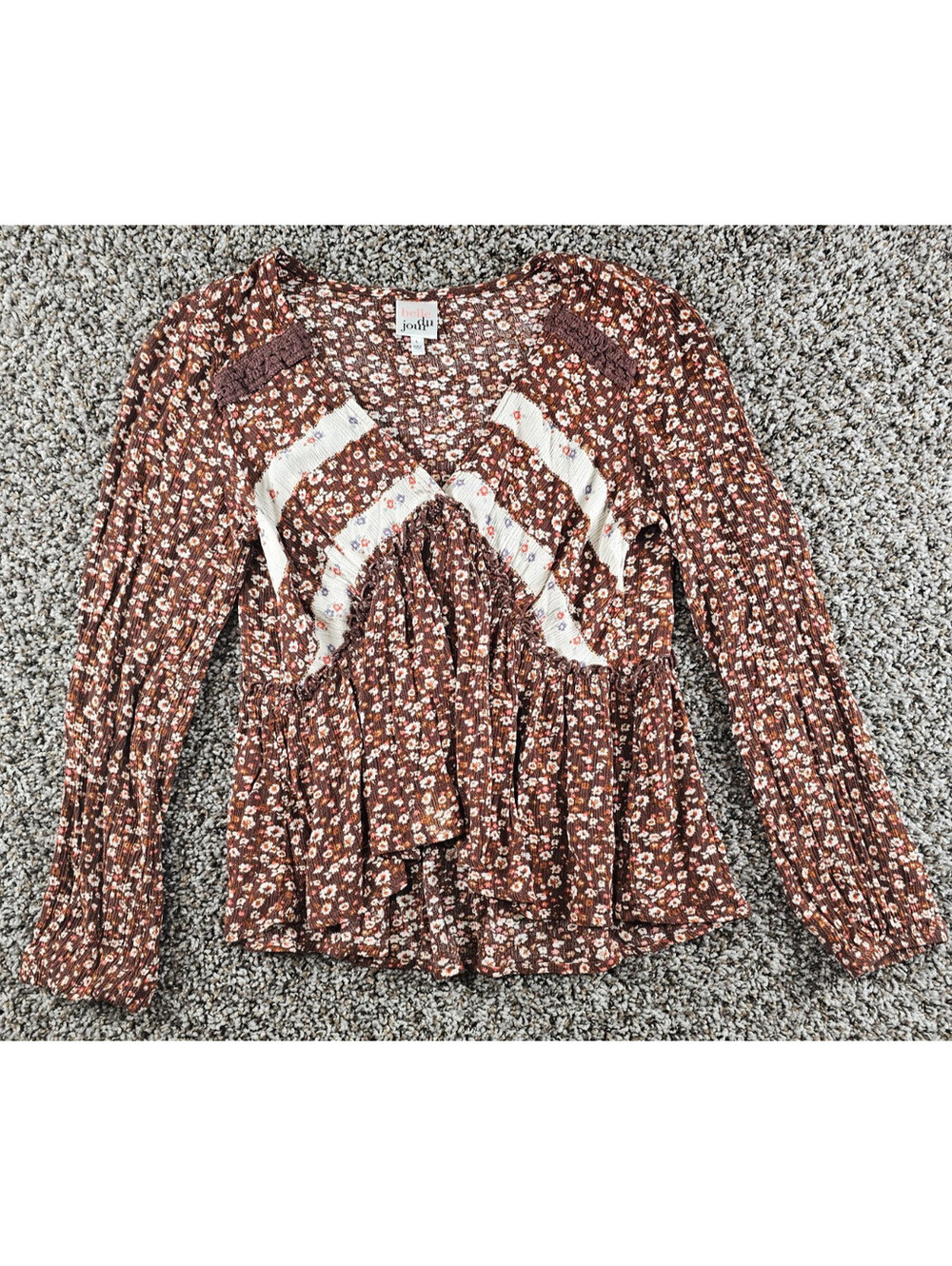 Vintage Y2K Belle Du Jour Girls Sz L Long Bell Sleeve Boho Blouse Brown Floral